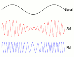 Birinci şekilde modüle eden bilgi sinyali dalga şekli gösterilmiştir. İkinci şekilde genlik modüleli sinyalin, üçüncü şekilde ise frekans modüleli sinyalin dalga şekli gösterilmiştir.